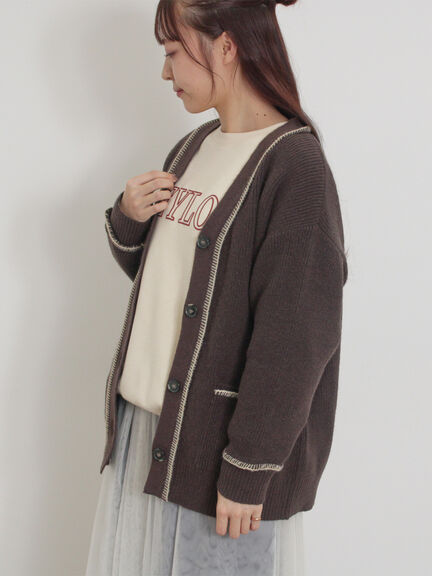 配色ステッチVネックニットカーディガン（ベージュ/ダークブラウン/ミント/キナリ）｜Samansa Mos2（サマンサ モスモス）通販