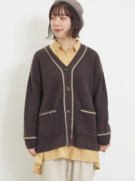 配色ステッチVネックニットカーディガン（ベージュ/ダークブラウン/ミント/キナリ）｜Samansa Mos2（サマンサ モスモス）通販