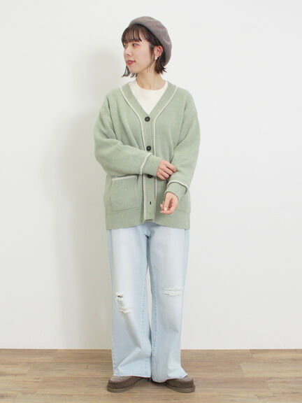 配色ステッチVネックニットカーディガン（ベージュ/ダークブラウン/ミント/キナリ）｜Samansa Mos2（サマンサ モスモス）通販