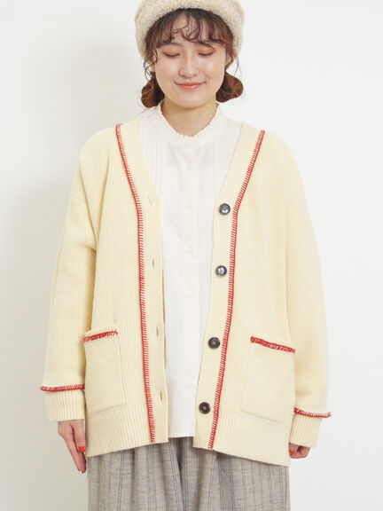 配色ステッチVネックニットカーディガン（ベージュ/ダークブラウン/ミント/キナリ）｜Samansa Mos2（サマンサ モスモス）通販