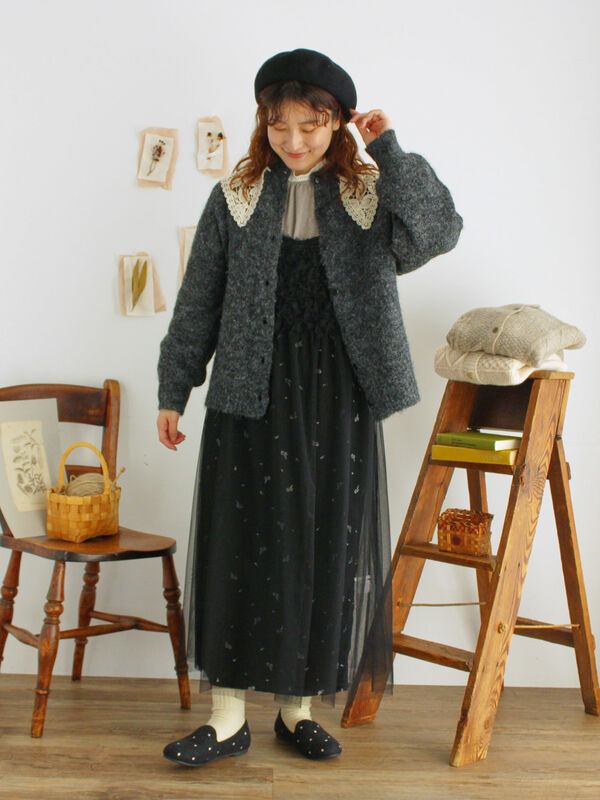 セール】 ベロアプリーツ/刺繍アソートナロースカート（ブラック