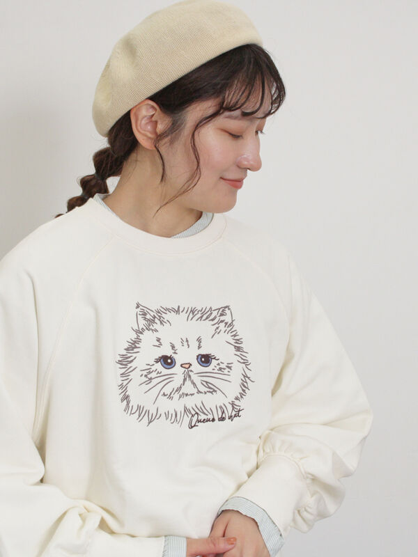 セール】 ネコプリント刺繍スウェット（オフホワイト/グレー