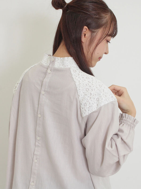 セール】 レースラウンド切替ブラウス（オフホワイト/グレー
