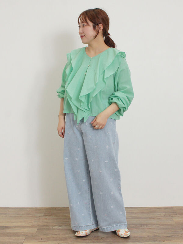 セール】 花柄刺繍シアーシューズ（ベージュ/ミント/シューズ