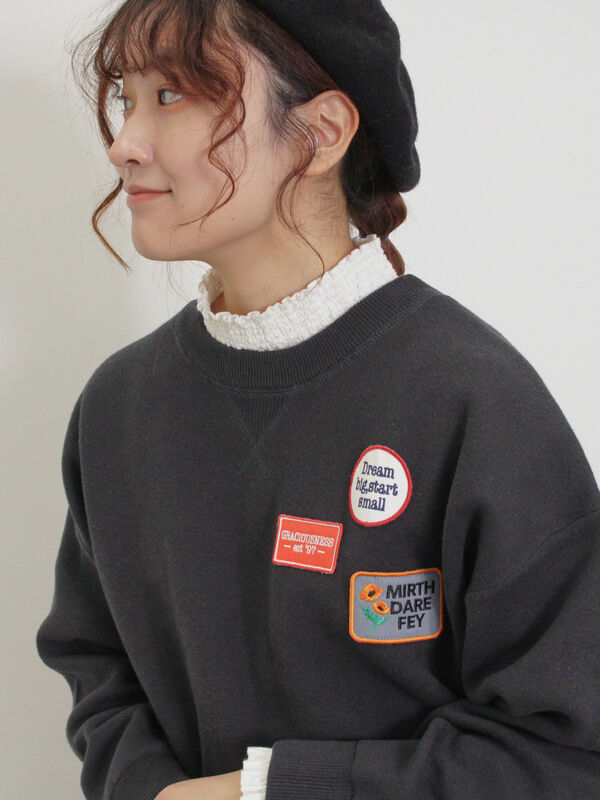 トップス flexwitme S size セール】 ワッペン付スウェットライクニット（グレー/チャコールグレー