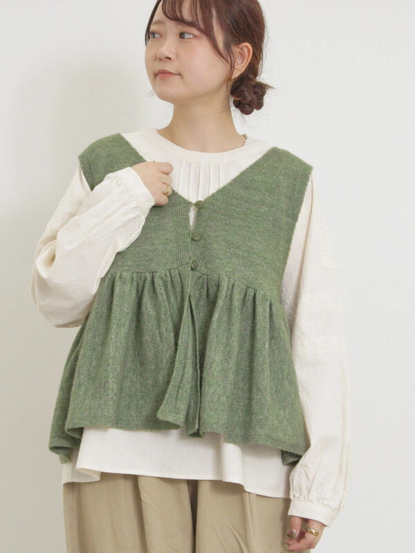 セール】 Vネック裾フリル前後2WAYニットベスト（ピンク/モカ/グリーン