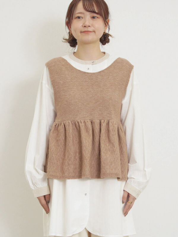 セール】 Vネック裾フリル前後2WAYニットベスト（ピンク/モカ/グリーン