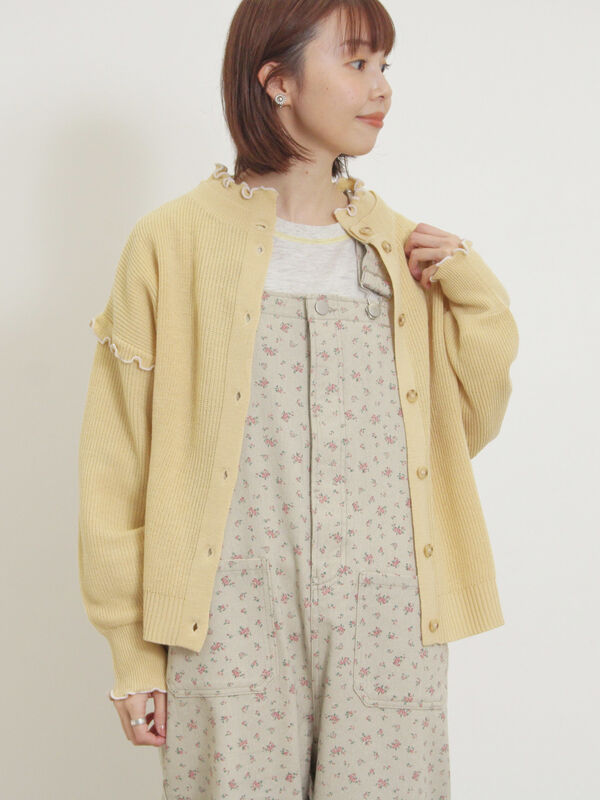 セール】 配色メロー畦編みニットカーディガン（ブラック/イエロー