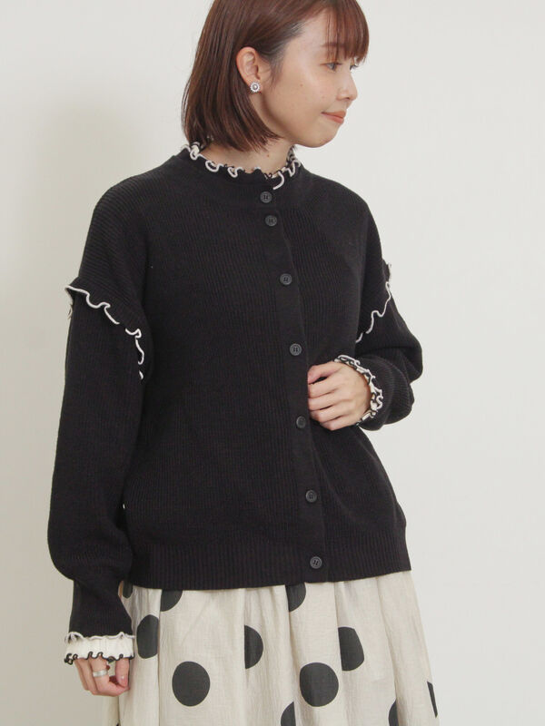 セール】 配色メロー畦編みニットカーディガン（ブラック/イエロー