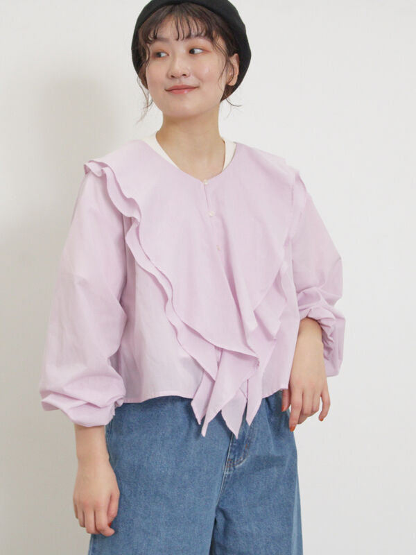 セール】 フレアカラーブラウス（オフホワイト/ブラック/ピンク