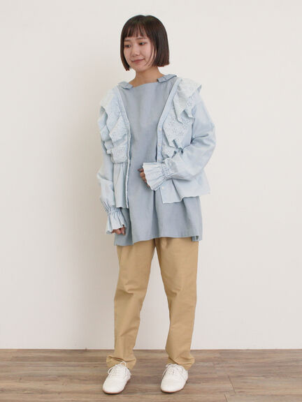 【Cross×Linen】フリルカラーブラウス（オフホワイト/ピンク/ベージュ/サックスブルー/ブルー）｜Samansa Mos2（サマンサ モスモス）通販