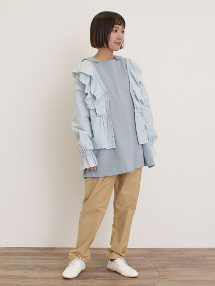 【Cross×Linen】フリルカラーブラウス（オフホワイト/ピンク/ベージュ/サックスブルー/ブルー）｜Samansa Mos2（サマンサ モスモス）通販