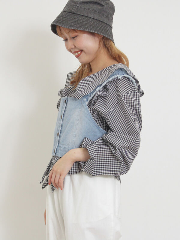 セール】 デニム/ツイルマルチWAYフリルビスチェ（オフホワイト