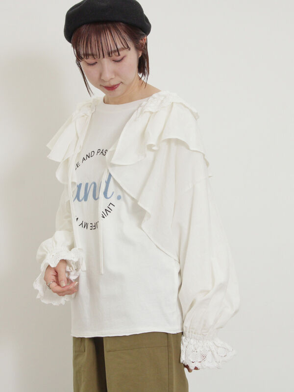 セール】 羽織レースフリルブラウス（オフホワイト/チャコールグレー