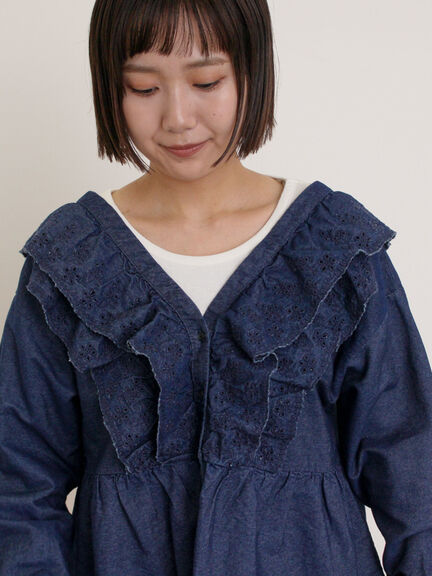 デニムスカラップ刺繍フリル2WAYブラウス（ブラック/サックスブルー/ブルー）｜Samansa Mos2（サマンサ モスモス）通販