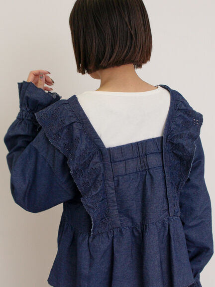 デニムスカラップ刺繍フリル2WAYブラウス（ブラック/サックスブルー/ブルー）｜Samansa Mos2（サマンサ モスモス）通販
