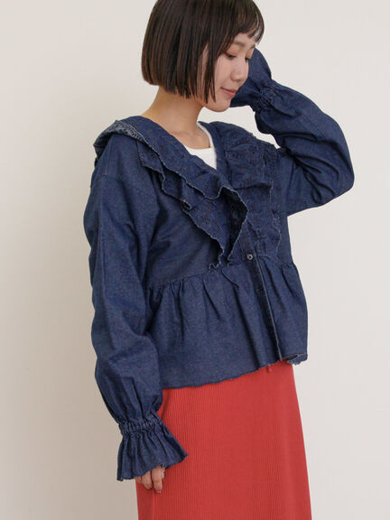 デニムスカラップ刺繍フリル2WAYブラウス（ブラック/サックスブルー/ブルー）｜Samansa Mos2（サマンサ モスモス）通販