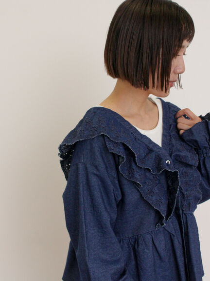 デニムスカラップ刺繍フリル2WAYブラウス（ブラック/サックスブルー/ブルー）｜Samansa Mos2（サマンサ モスモス）通販