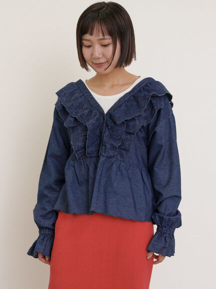デニムスカラップ刺繍フリル2WAYブラウス（ブラック/サックスブルー/ブルー）｜Samansa Mos2（サマンサ モスモス）通販