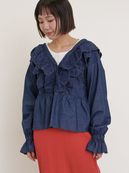 デニムスカラップ刺繍フリル2WAYブラウス（ブラック/サックスブルー/ブルー）｜Samansa Mos2（サマンサ モスモス）通販