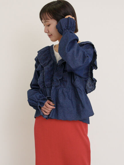 デニムスカラップ刺繍フリル2WAYブラウス（ブラック/サックスブルー/ブルー）｜Samansa Mos2（サマンサ モスモス）通販