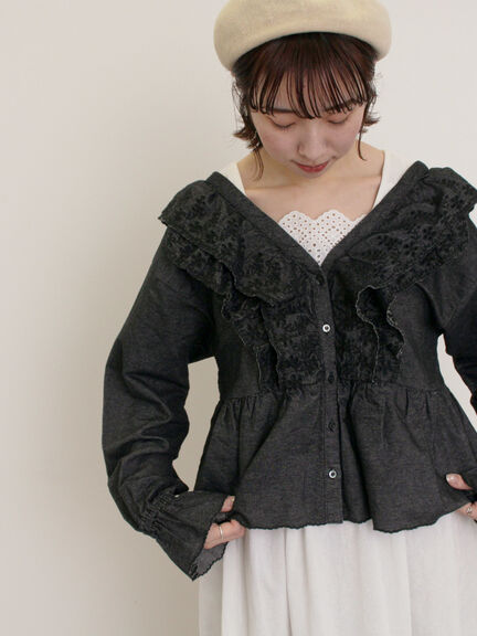 デニムスカラップ刺繍フリル2WAYブラウス（ブラック/サックスブルー/ブルー）｜Samansa Mos2（サマンサ モスモス）通販