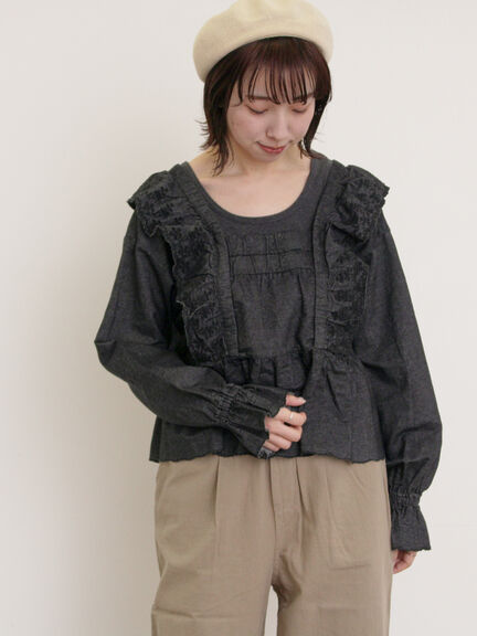 デニムスカラップ刺繍フリル2WAYブラウス（ブラック/サックスブルー/ブルー）｜Samansa Mos2（サマンサ モスモス）通販