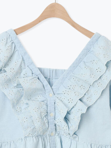 デニムスカラップ刺繍フリル2WAYブラウス（ブラック/サックスブルー/ブルー）｜Samansa Mos2（サマンサ モスモス）通販