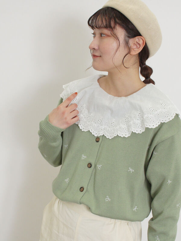 セール】 リボン刺繍カーディガン（チャコールグレー/ベージュ