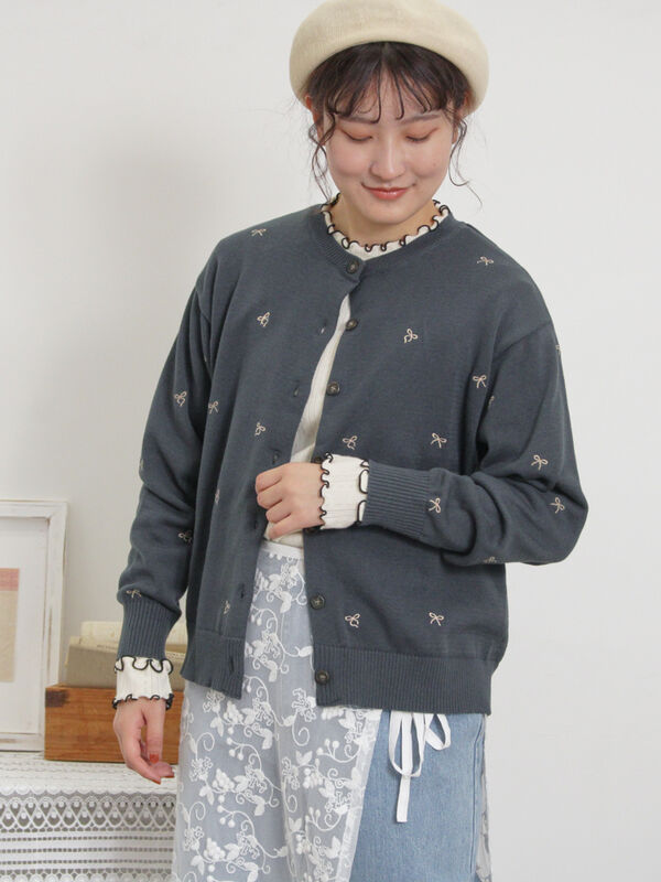 セール】 リボン刺繍カーディガン（チャコールグレー/ベージュ