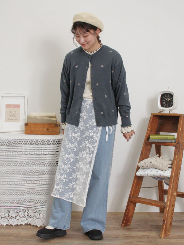 セール】 リボン刺繍カーディガン（チャコールグレー/ベージュ