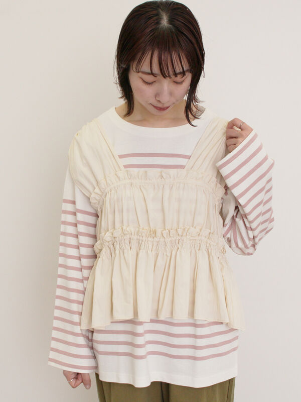 セール】 前後2WAYシャーリングリボンベスト（オフホワイト/ブラック