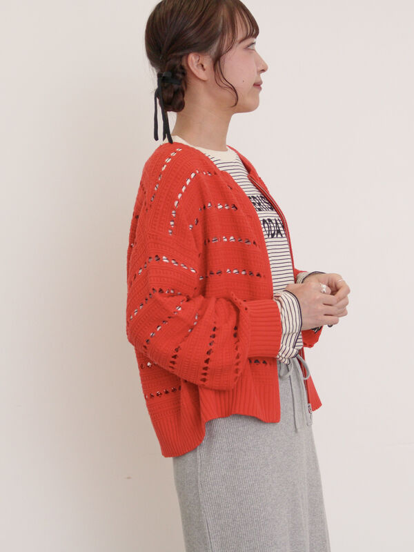 セール】 透かし編みジップカーディガン（ブラック/オレンジ/ブルー