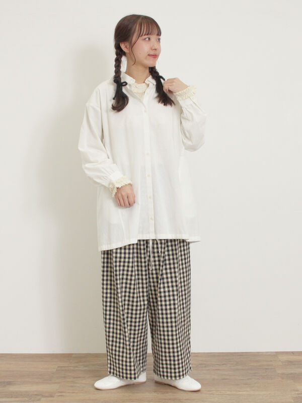 セール】 裾ドロストチュニック（オフホワイト/ブラック/グリーン