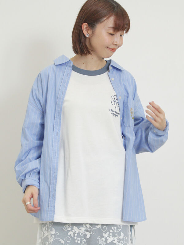 セール】 ワッペン風刺繍入りシャツ（オフホワイト/ピンク/イエロー