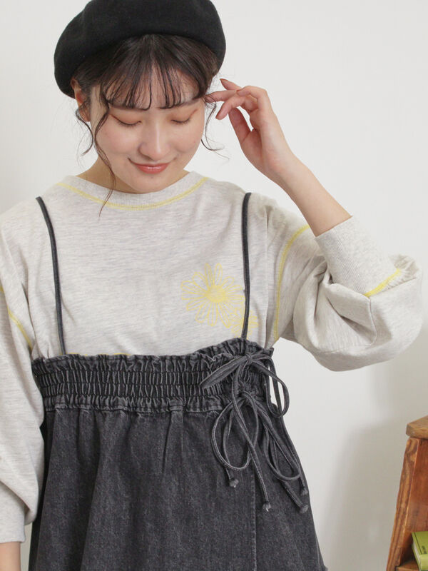 セール】 配色ステッチプリントアソートロングTシャツ（オフホワイト