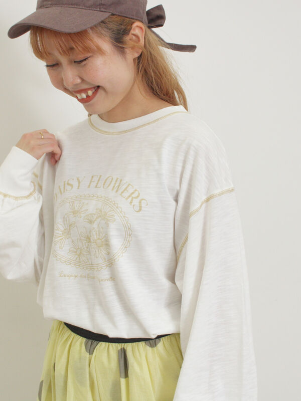 セール】 配色ステッチプリントアソートロングTシャツ（オフホワイト