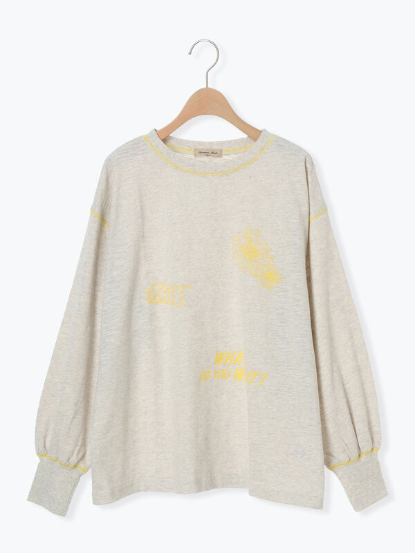 セール】 配色ステッチプリントアソートロングTシャツ（オフホワイト