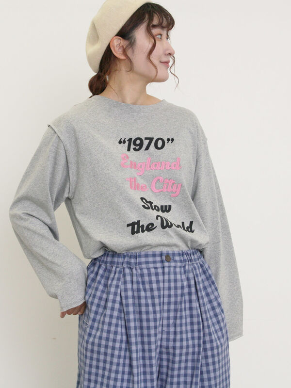 セール】 ロゴ刺繍アソートロングTシャツ（オフホワイト/グレー