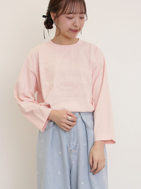 セール】 ピグメント加工ロゴ刺繍ロングTシャツ（オフホワイト