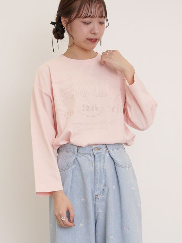 セール】 ピグメント加工ロゴ刺繍ロングTシャツ（オフホワイト