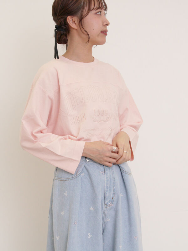 セール】 ピグメント加工ロゴ刺繍ロングTシャツ（オフホワイト