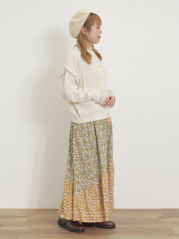 セール】 花柄パッチワークティアードスカート（イエロー/ブルー