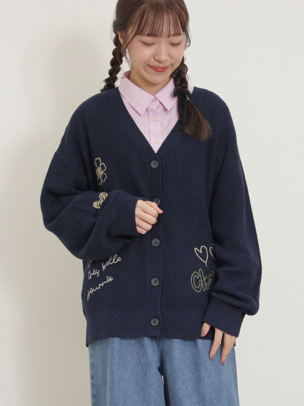 セール】 ハンド刺繍風ニットカーディガン（グレー/ネイビー/クリーム