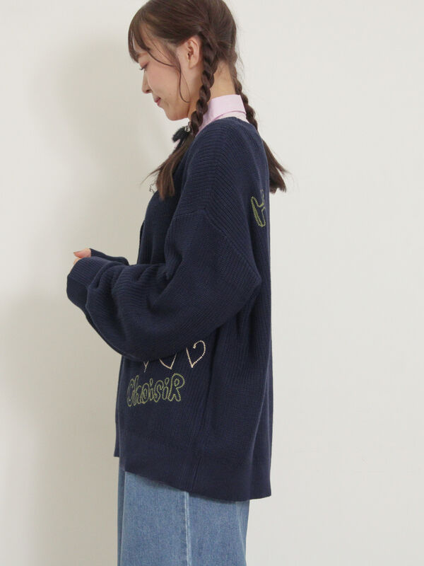 セール】 ハンド刺繍風ニットカーディガン（グレー/ネイビー/クリーム