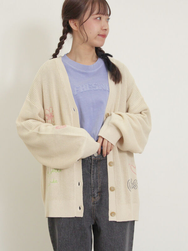 セール】 ハンド刺繍風ニットカーディガン（グレー/ネイビー/クリーム