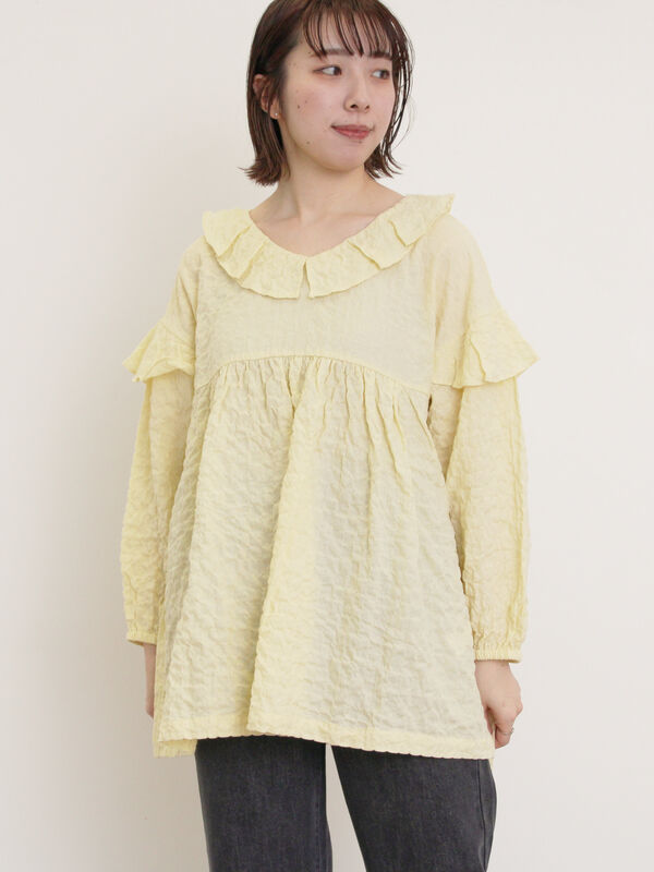 セール】 襟フリルVネックチュニック（オフホワイト/ブラック/イエロー