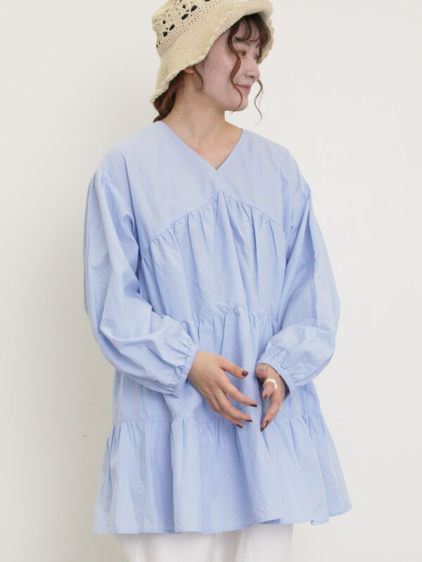 セール】 ティアードVネックチュニック（オフホワイト/ブラック/ピンク