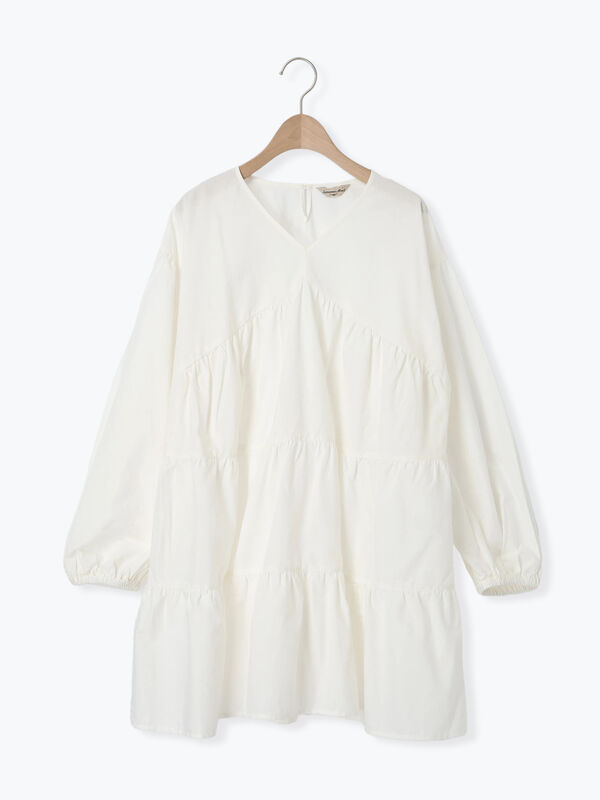 セール】 ティアードVネックチュニック（オフホワイト/ブラック/ピンク