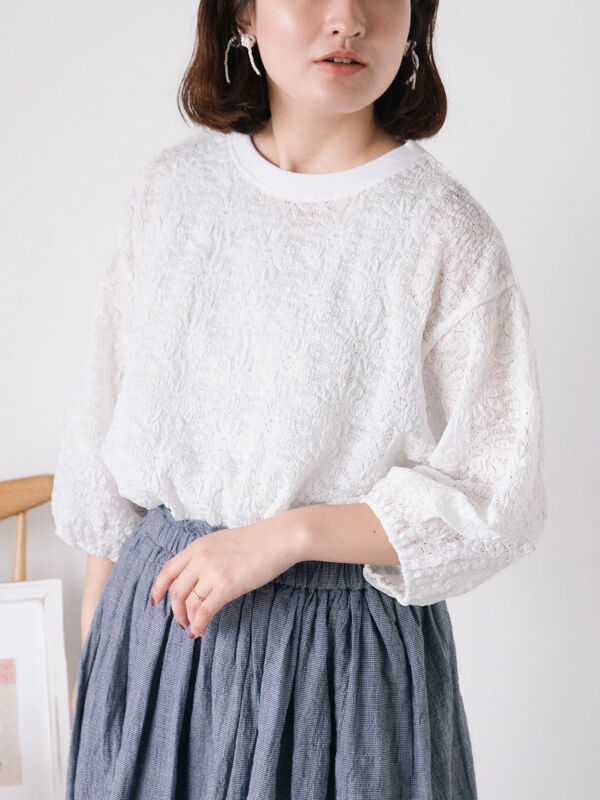 セール】 コクーンスリーブレーストップス（オフホワイト/ブラック